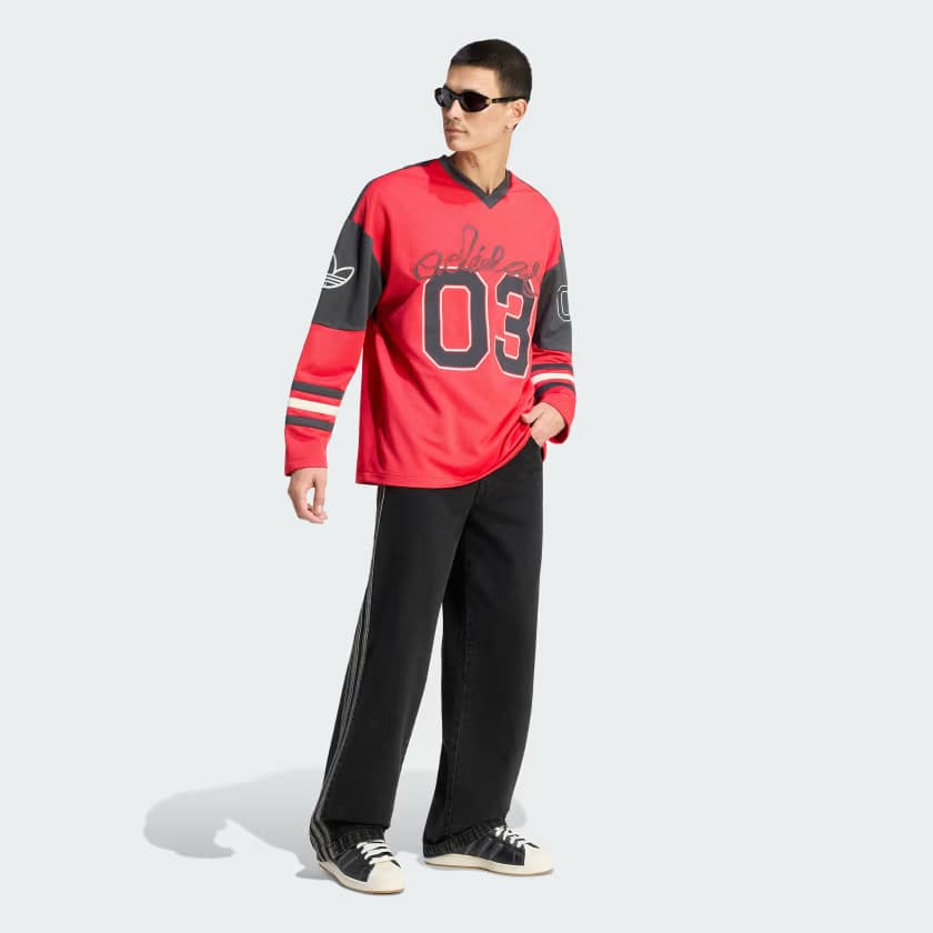 adidas Men's ORIGINALS HOCKEY LONG SLEEVE JERSEY - Pure Ruby - Size S - Image 4