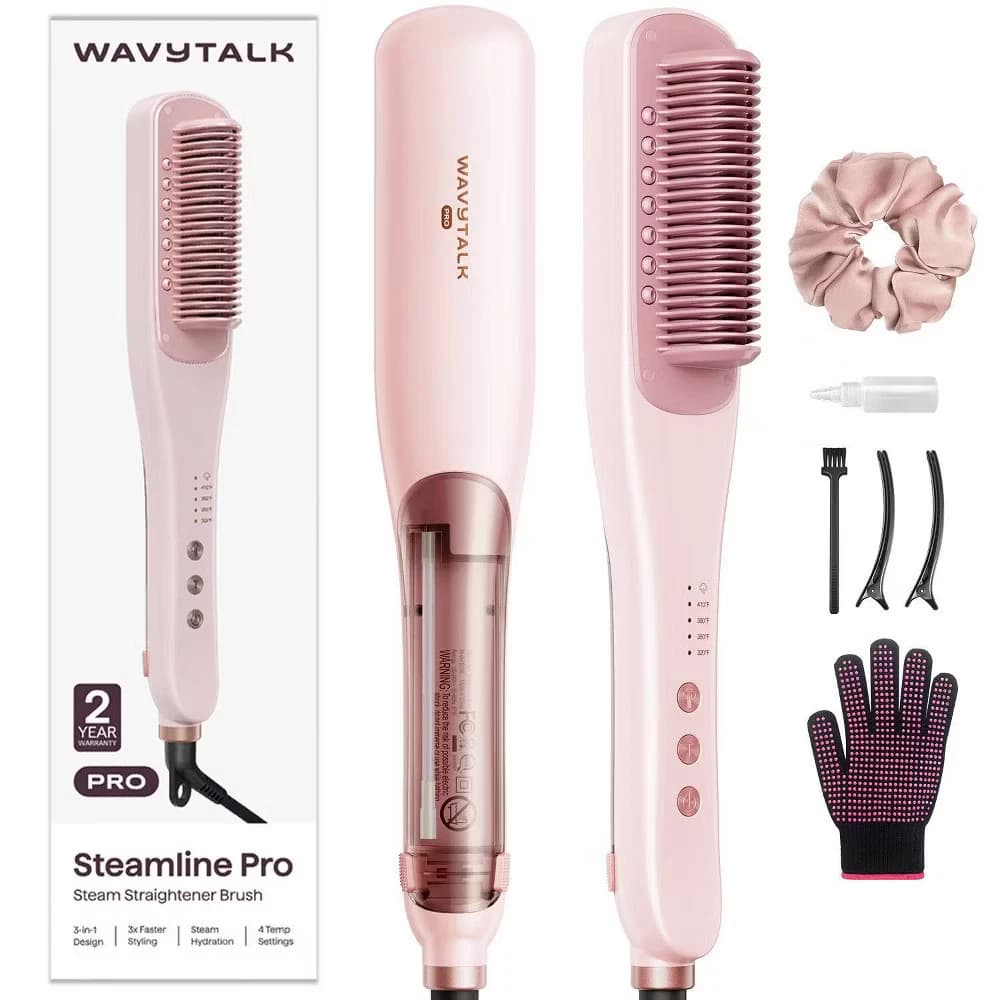 Wavytalk 395 Pro Steam Hair Straightener Brush - Pink - Image 3