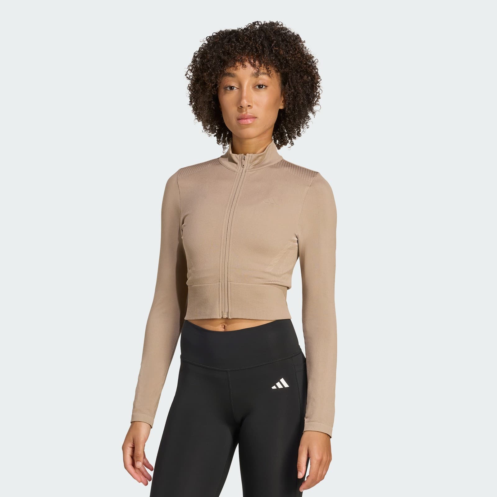 adidas Women's Workout Essentials Full-Zip Knit Jacket - Chalky Brown - Size XL - Image 1
