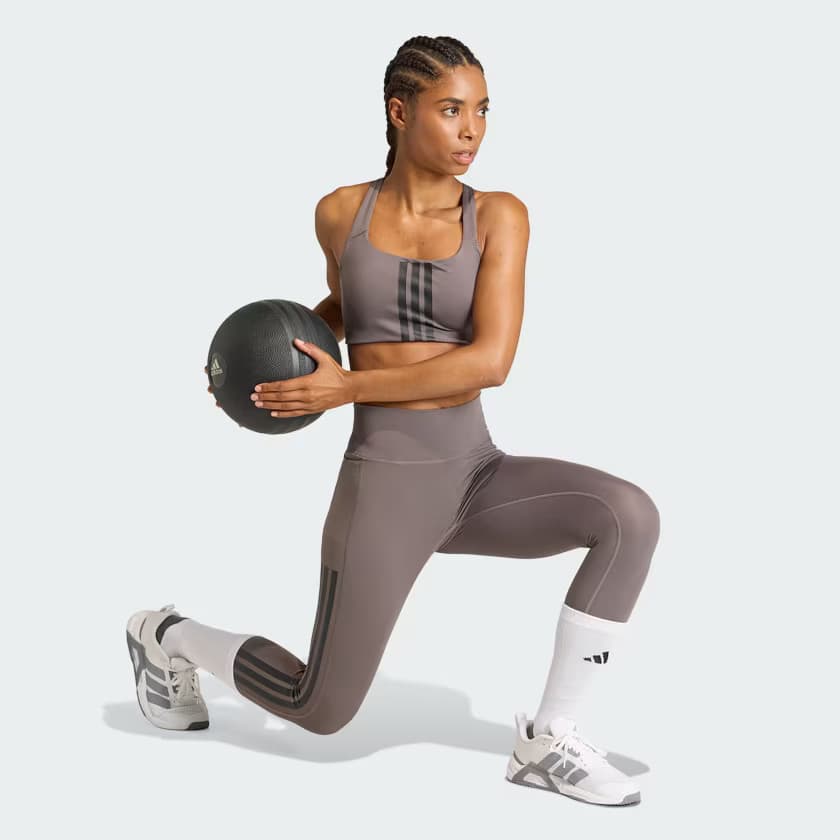 adidas Women's Optime Workout 3-Stripes Medium Bra - Charcoal/Black - Size L - Image 3