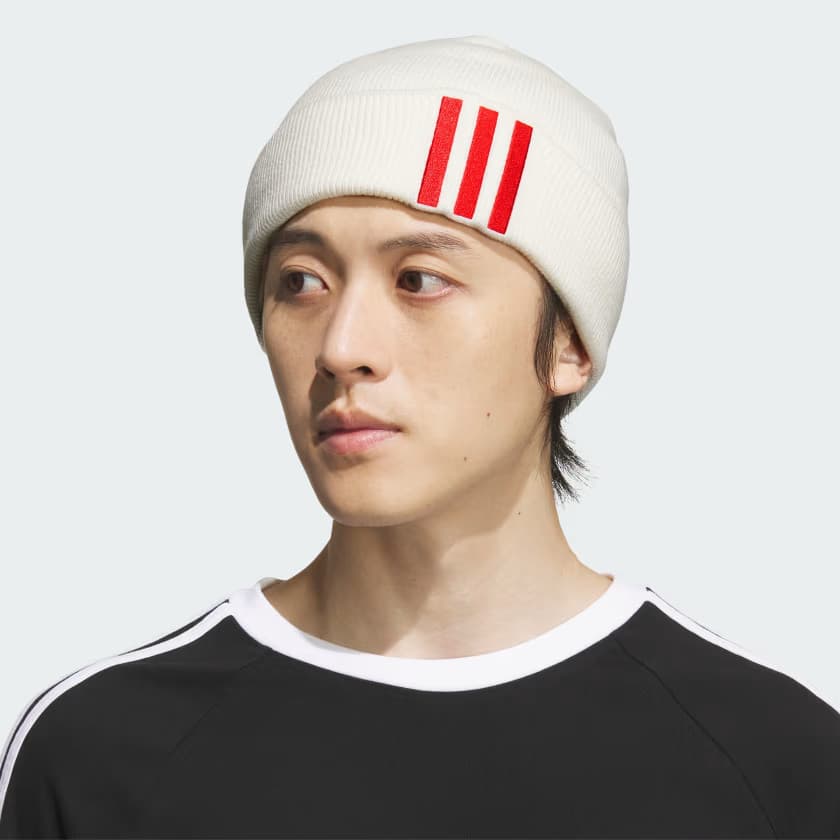 adidas Men's Offset 3-Stripes Beanie - Off White/Scarlet - Image 2