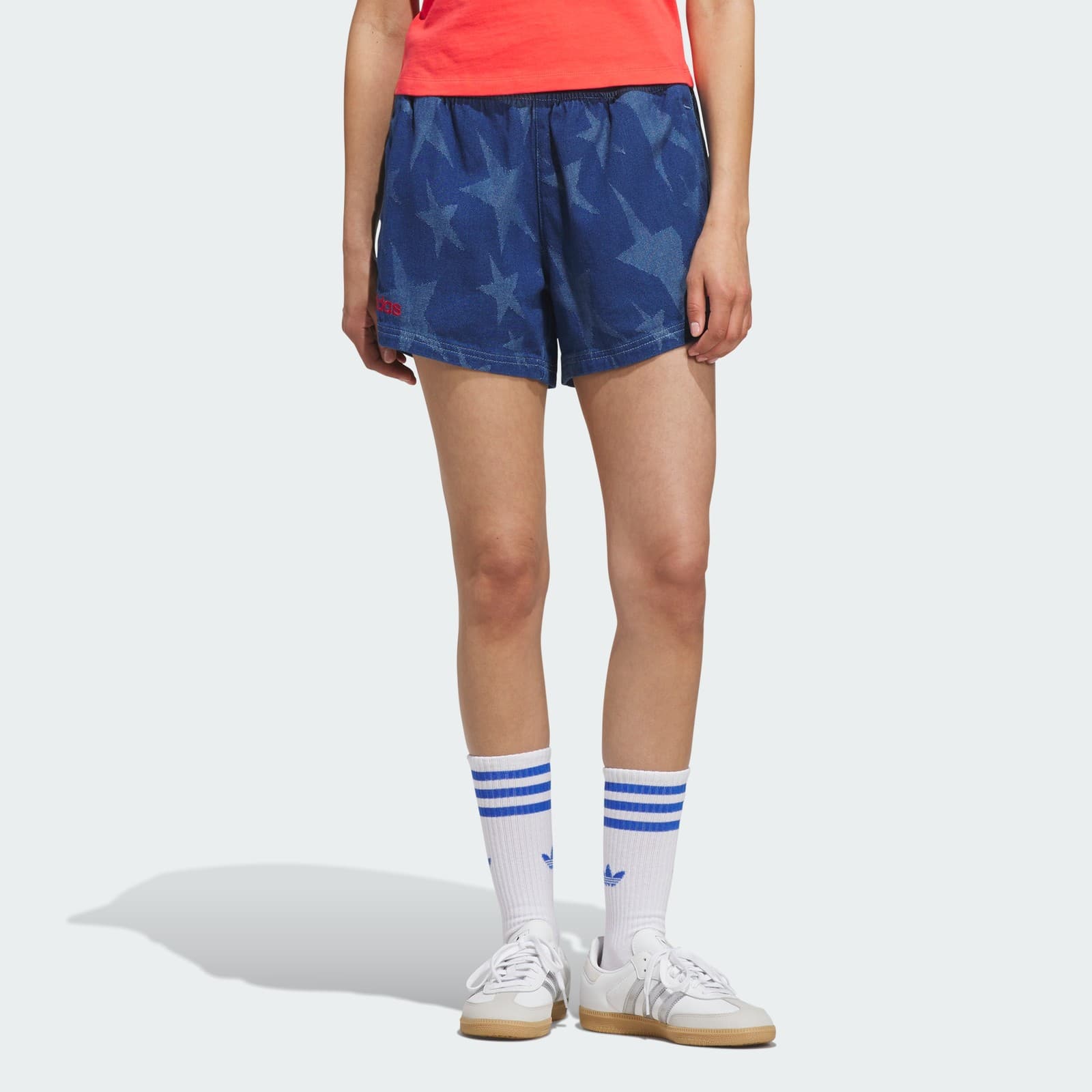 adidas Women's Denim Graphic Varsity Shorts - Medium Blue Denim - Size XS - Image 1