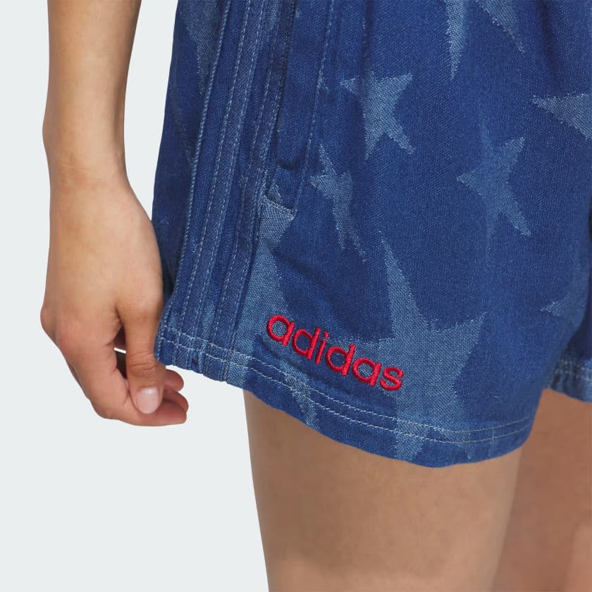 adidas Women's Denim Graphic Varsity Shorts - Medium Blue Denim - Size XS - Image 5