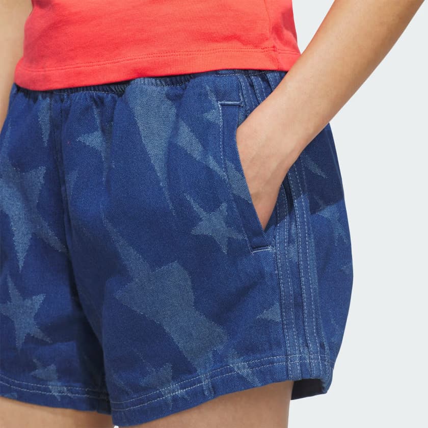 adidas Women's Denim Graphic Varsity Shorts - Medium Blue Denim - Size XS - Image 4