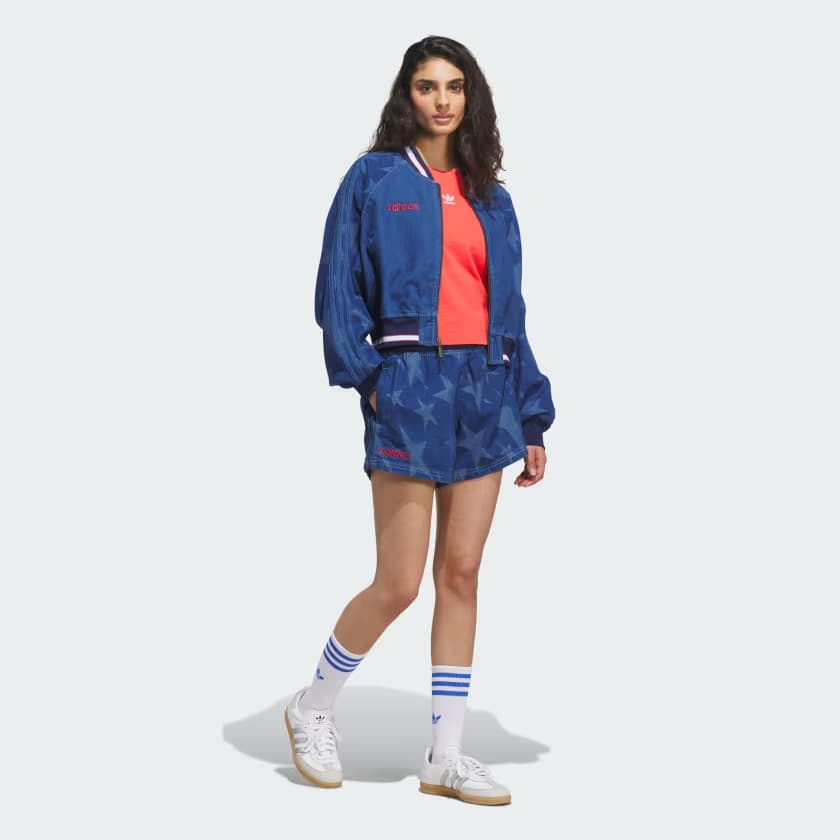 adidas Women's Denim Graphic Varsity Shorts - Medium Blue Denim - Size XS - Image 3