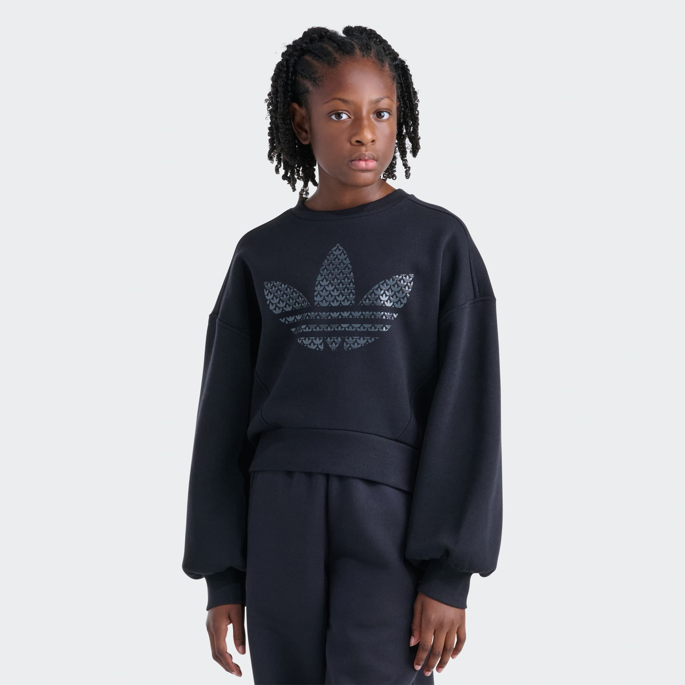 adidas Kids' TREFOIL HTR FLC CREW Sweatshirt - Black - Size S - Image 1