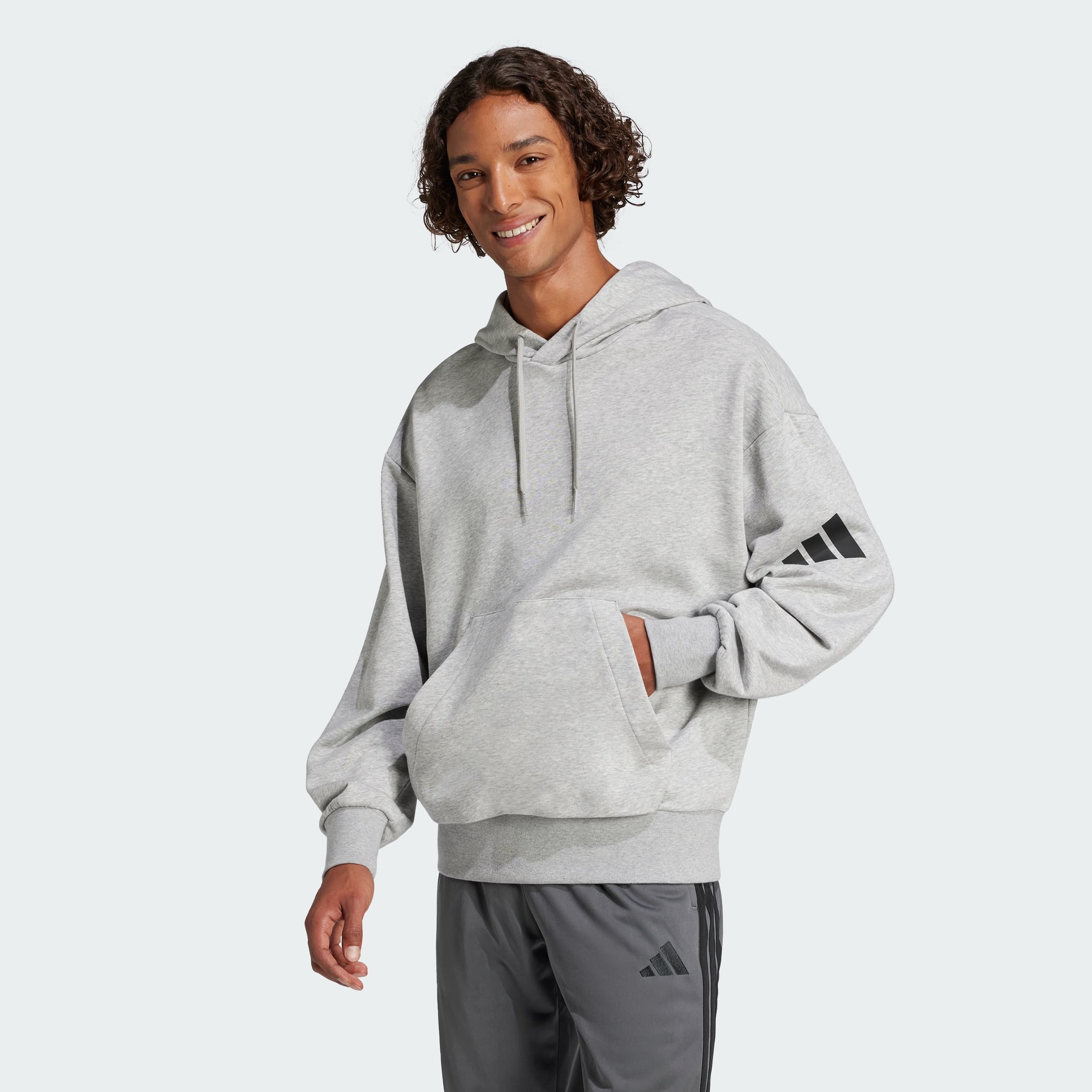 adidas Men's Essentials Loose-Fit 3 Hoodie - Medium Grey Heather/Black - Size XL - Image 1
