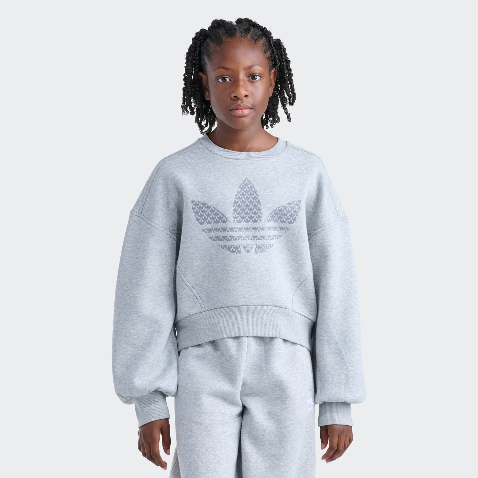 adidas Kids' TREFOIL HTR FLC CREW Sweatshirt - Medium Grey Heather - Size M - Image 1