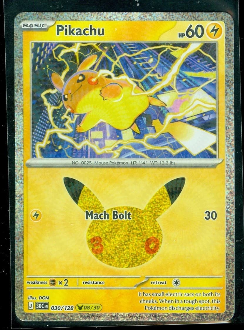 Pokemon Pikachu 030/128 - 30th Celebration - Holo - Near Mint - Pokemon TCG - Image 1